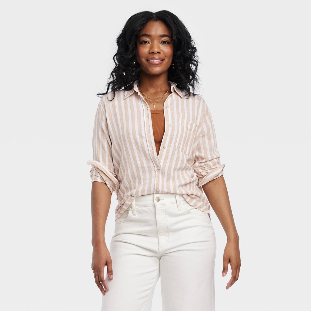 Linen Long Sleeve Collared Button-Down Shirt - Tan Striped M